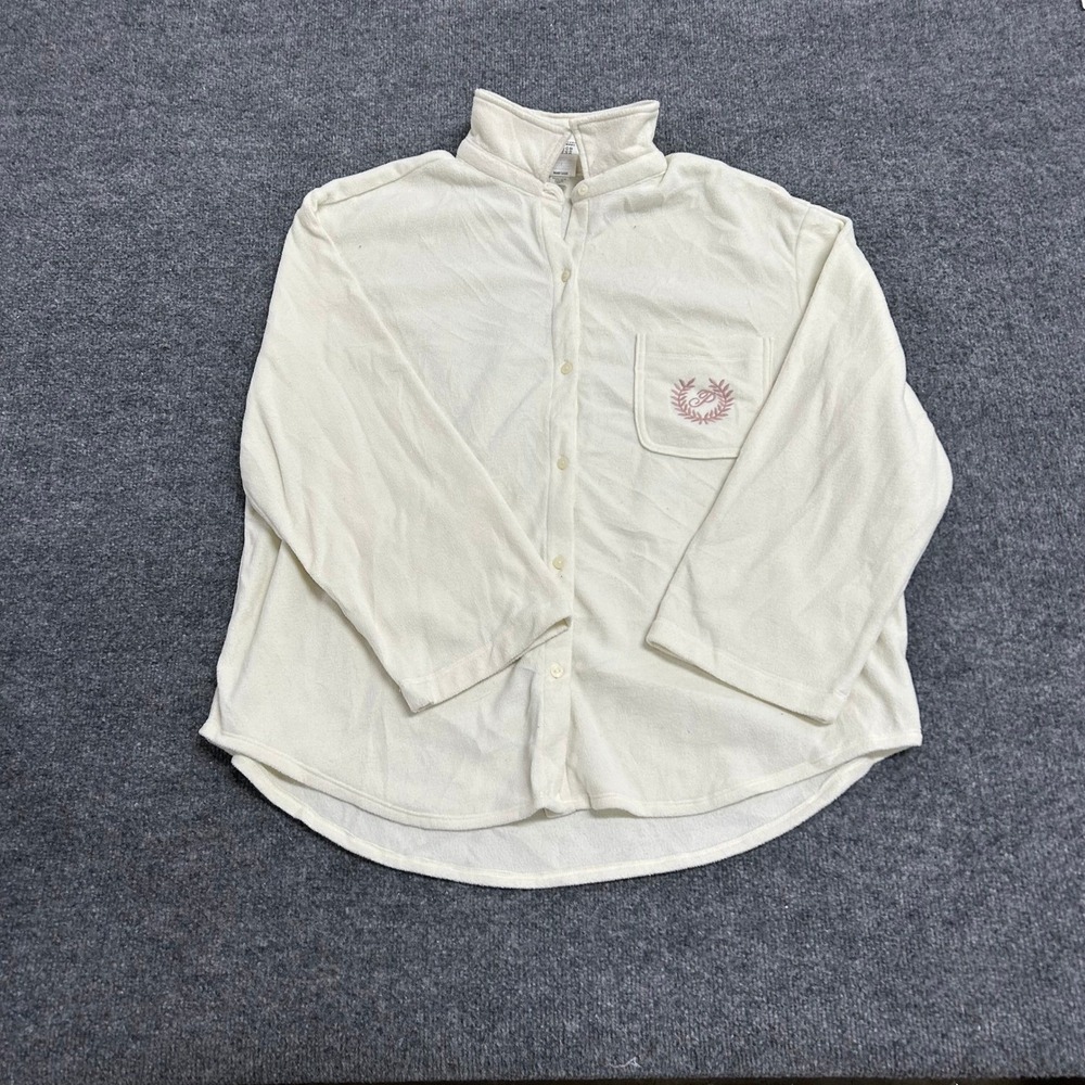PINK Sleepwear Top Womens Size XL Cream Fleece Button Down Crest Logo Pajama Top